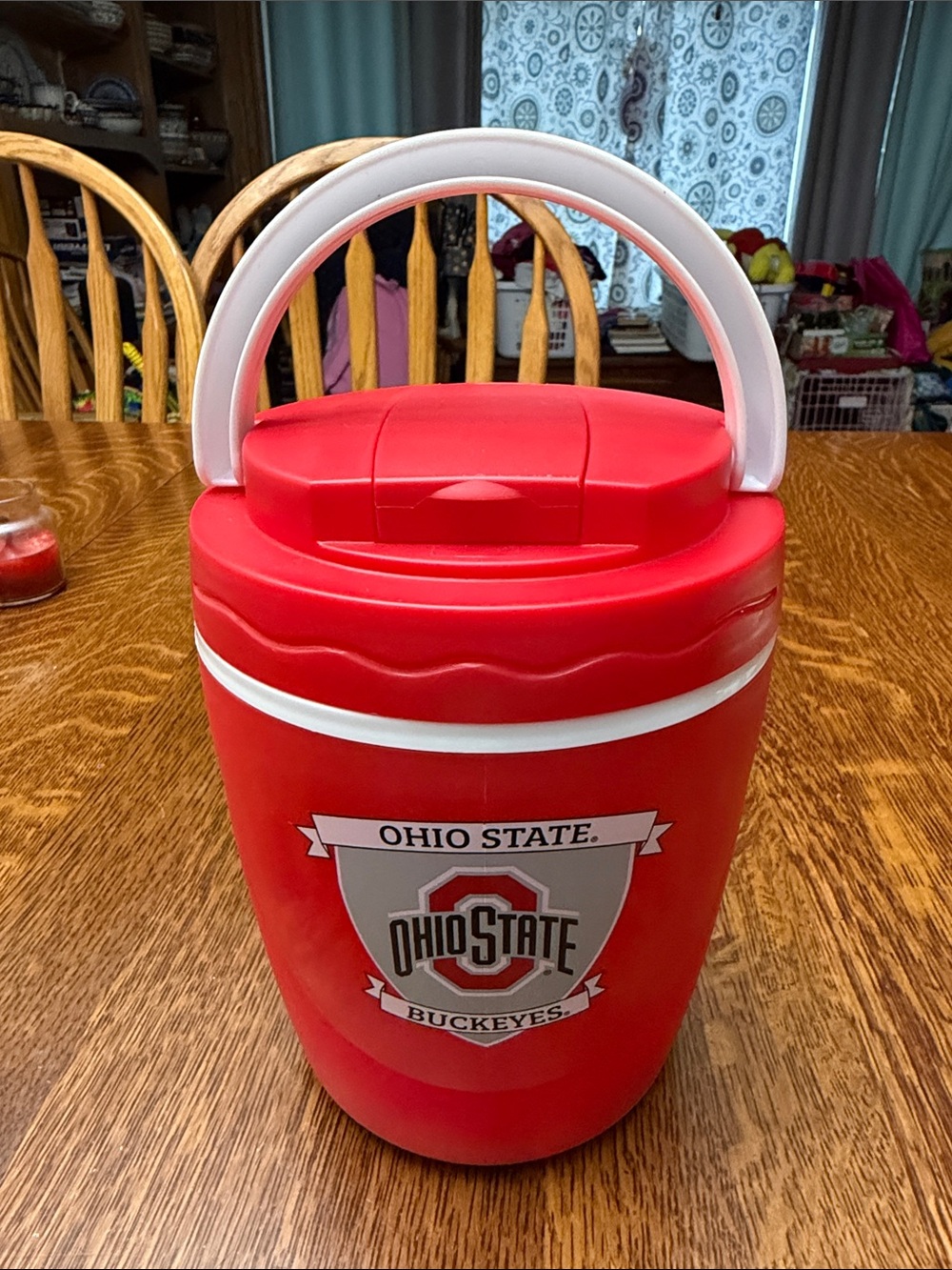 Ohio State Red Insulated Food Cooler with White Handle and spork.